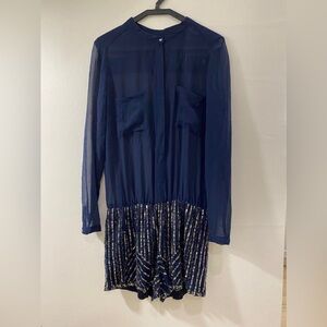 ZARA Chic Sheer Navy Dress with Gold Stripes